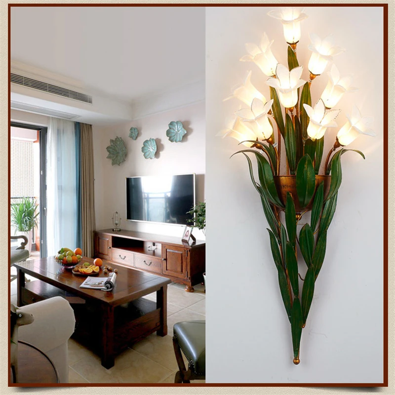 Glass Flowers Green Leaves Wall Lamps European Garden Artistic Wall Lamp Bedroom Bedside Lamp