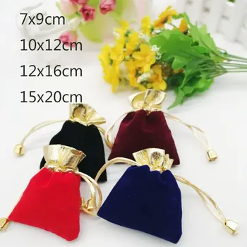 

Hot 20pcs/Bag Velvet Gift Package Bags 7x9 10x12 12x16 15x20cm Phnom Penh Gold Bead Jewelry Drawstring Display Packaging Pouches
