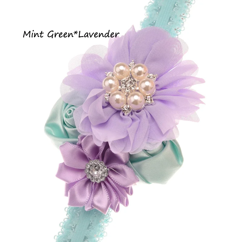 1 шт., розовые бутоны, цветы, волнистые края, мягкие цветы, жемчужные стразы, Кружевная повязка на голову, эксклюзивные аксессуары для волос - Цвет: Mint Green Lavender