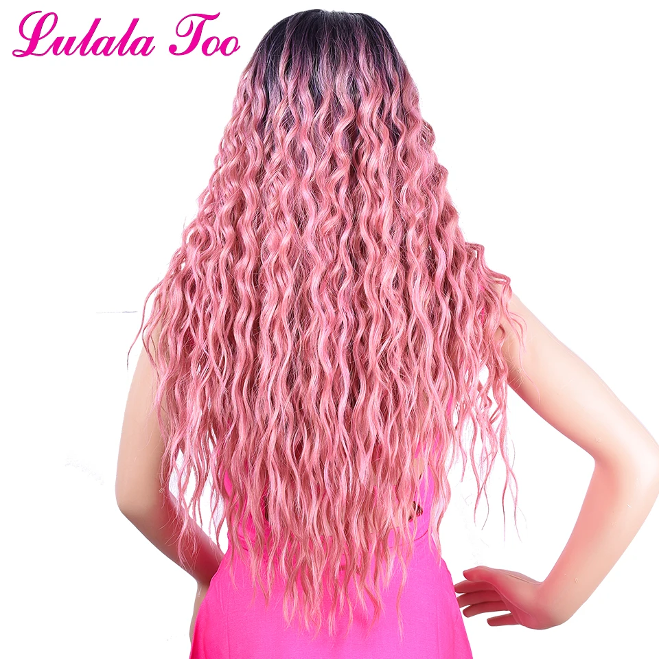 Розовый синтетический парик фронта шнурка для женщин 30 дюймов длинные волнистые вьющиеся пастельные темное Омбре корень розовое золото Haif