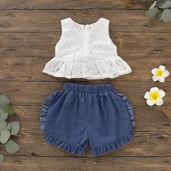 Emmababy Summer Newest Newborn Baby Girl Clothes Sleeveless Lace Flower Tops Ruffle Denim Shorts 2Pcs Outfits Summer Clothes 6