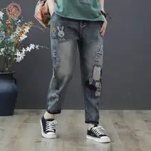 Новые хлопковые джинсы женские винтажные женские джинсовые шорты свободные эластичные талии Harajuku мультфильм Печатные рваные джинсы женские брюки