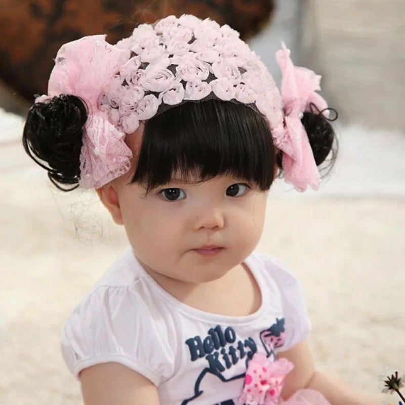

Newborn Pink baby hat Toddler Baby Warm Hat girls Caps Lace Girls Hats Wig fake bangs for Newborn as gift