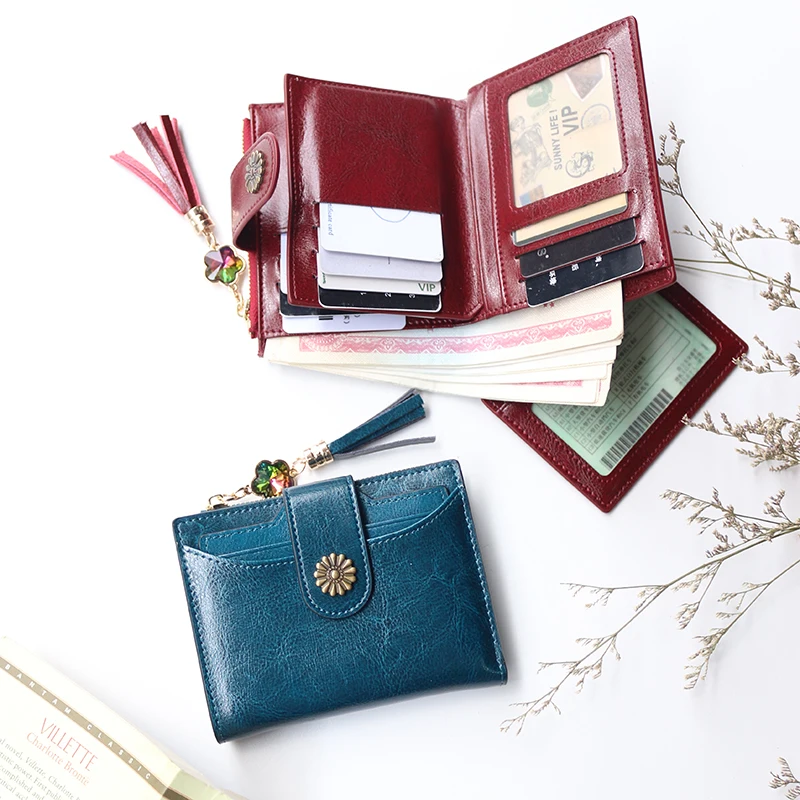 

2019 New arrival genuine Cow Leather sunflower button wallet women vintage cowhide wallet purse ID card holder short wallets