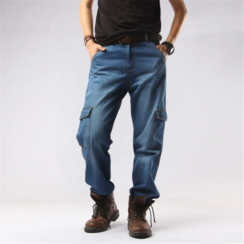 Мужские джинсовые прямые брюки с несколькими карманами, пэчворк, плюс размер, джинсы, модные Свободные повседневные винтажные джинсы, мужские зимние теплые A3264