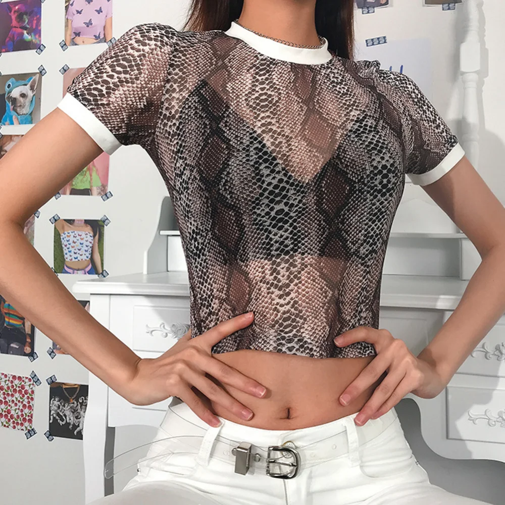 

Ladies Slim Navel Bare Mesh Cropped Tops Women's See Through Snake Skin Print T Shirts Women Streetwear Short Sleeve T Shirts