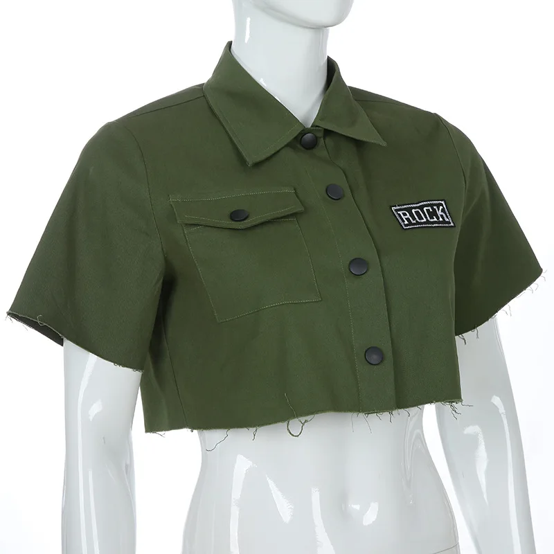 Арцу зеленая рубашка женская короткий рукав укороченный топ женские футболки Повседневная футболка с отложным воротником футболка женская летняя ASTS21055