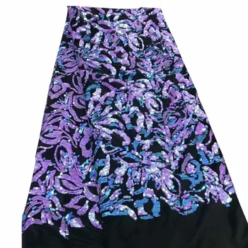 

2019 African high quality velvet sequence French Nigerian sequins net tulle mesh Swiss lace fabric for dress 5yards/lot purple