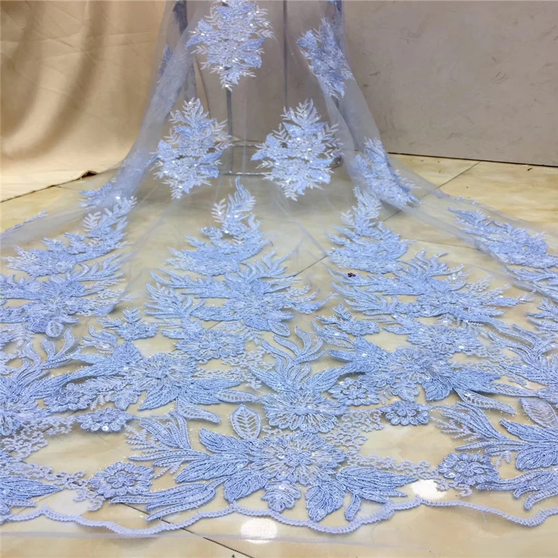 

Tollola 2019 African High Quality Sky Blue French Nigerian Sequins Net Tulle Mesh Swiss Lace Fabric For Dress 5yards/lot
