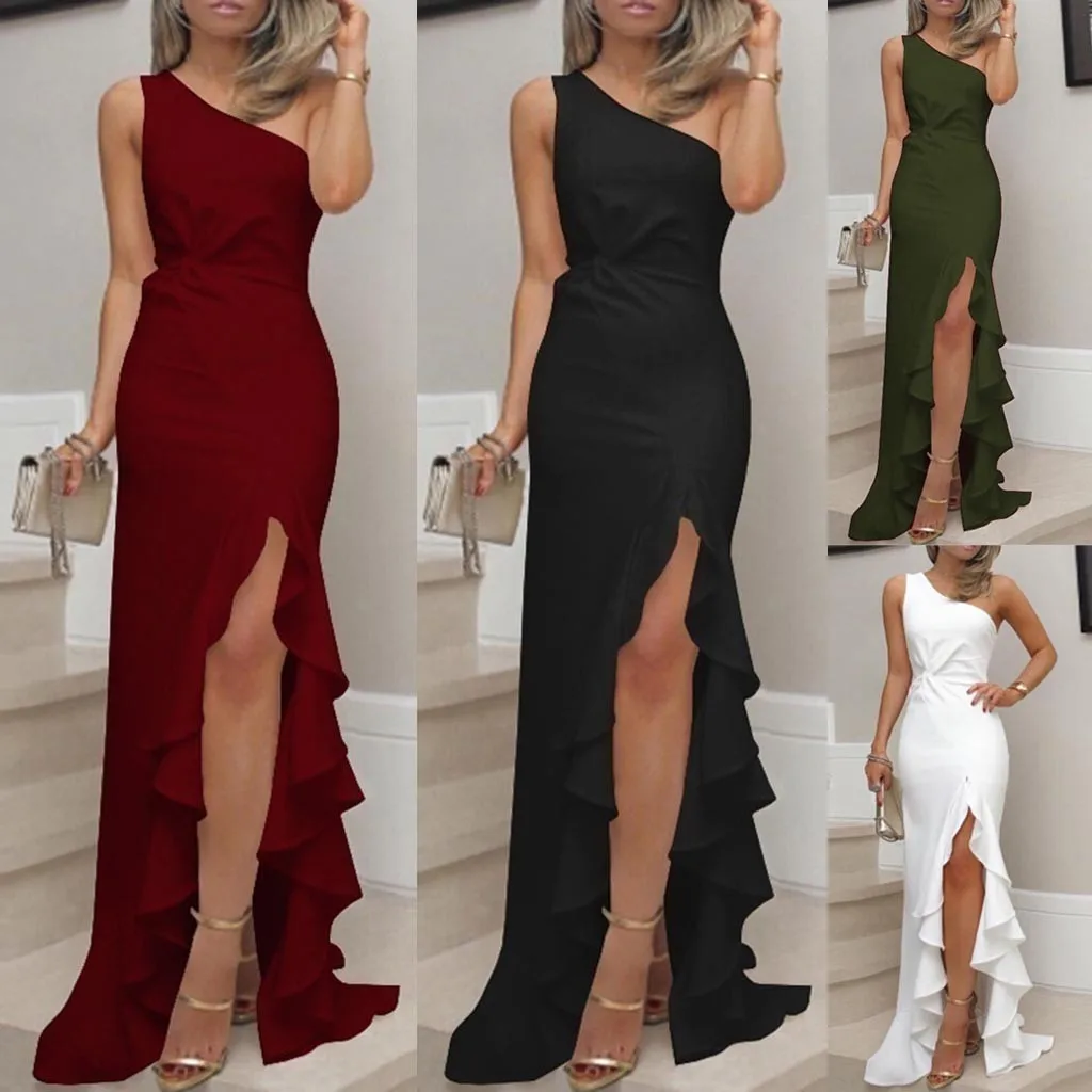 

feitong 2019 New Arrival!! Women Fashion Elegant Ruffles Evening Party Ball Dress Vestidos sukienki #@A