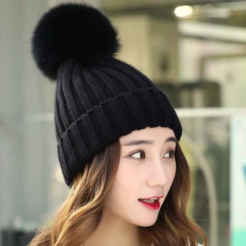 

knitted beanies cap hat thick women mink and fox fur ball cap pom poms winter hat for women beanies for ladies