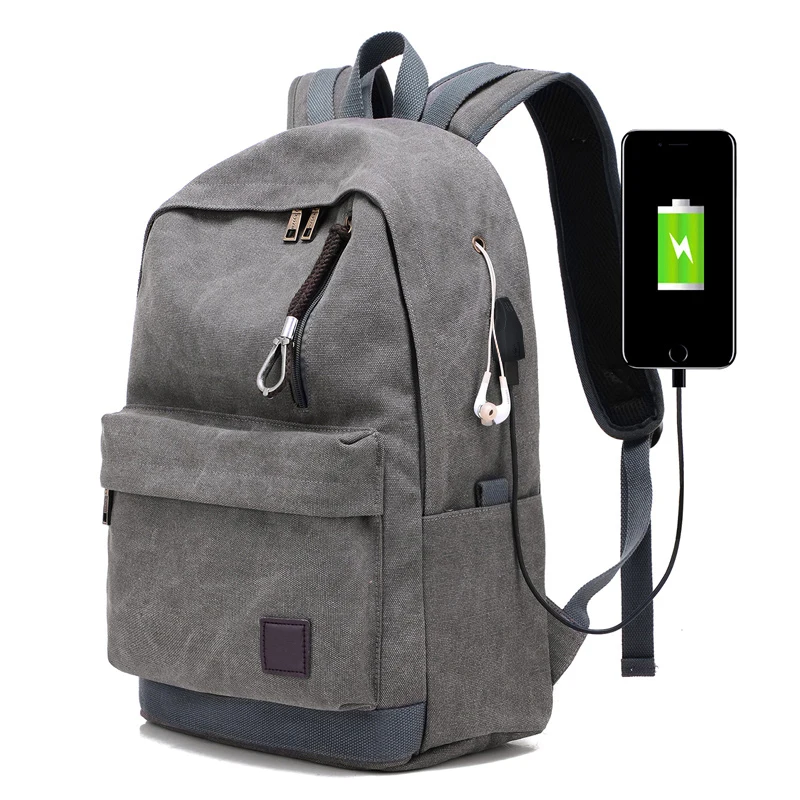 

Men Teen Zipper Canvas School Bags Boys Backpack USB Charging Functional Travel Laptop Computer Backpack Light Women Daypacks