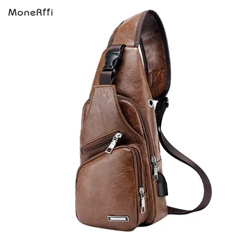 

MoneRffi Men's Chest Bag Men Leather Chest USB Backbag With Headphone Hole Travel Organizer Male Bag bolsa feminina dropship