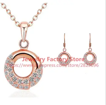 

300sets /lot round style lady jewelry set necklace earrings rose gold color crystal zircon earrings necklace wholesale jewery