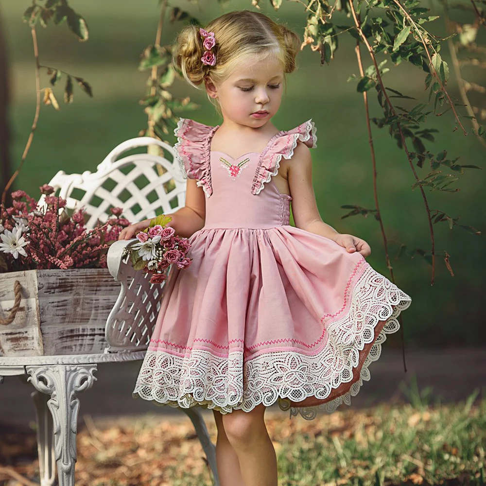 Летнее платье без рукавов для маленьких девочек кружевные праздничные платья для дня рождения розовый сарафан с оборками и открытой спиной