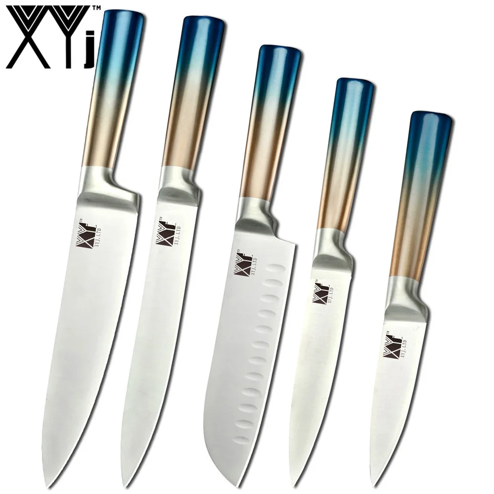 Кухонный комплект ножей XYj с голубой радужной ручкой, набор кухонных ножей из нержавеющей стали для шеф-повара, нож для нарезки овощей, кухонный нож 3Cr13, острое лезвие - Цвет: 5 pcs set