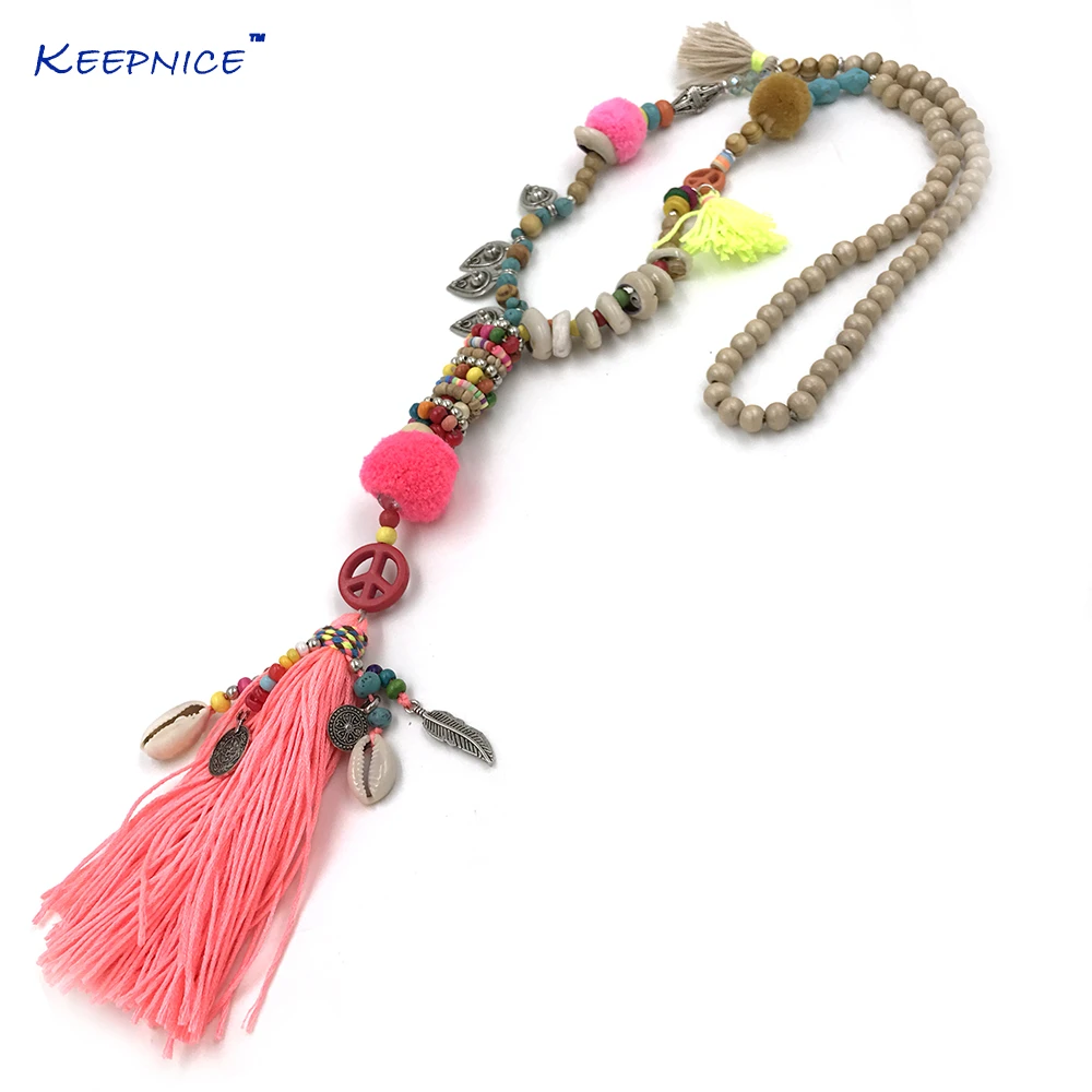 Collar largo de borlas con cuentas de madera para mujer, accesorios de bohemios, colgantes con flecos Rosas y pompones, para verano|long necklace|necklace pinknecklaces for women - AliExpress