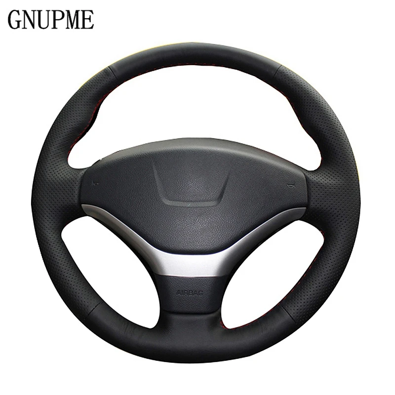 Gnupme Black Handstitched Genuine Leather Car Steering Wheel Cover For Peugeot 308/3008/408/508