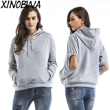 

Europe New 2018 Autumn Spring Woman Fashion Loose Personality Sweatshirt With Hooded Female Casual Street Hole Pullover Outwear