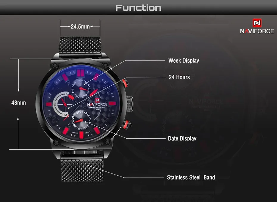 Naviforce, люксовый бренд, Мужские Аналоговые часы из нержавеющей стали, мужские кварцевые часы, 24 часа, часы с датой, мужские Модные Повседневные Спортивные Наручные Часы
