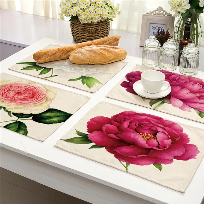 Europe 42x32cm Linen Placemat Painted Rose Printed Western Table Mat Wine Coaster Kitchen Drawer Dinning Bowl Pad Mat