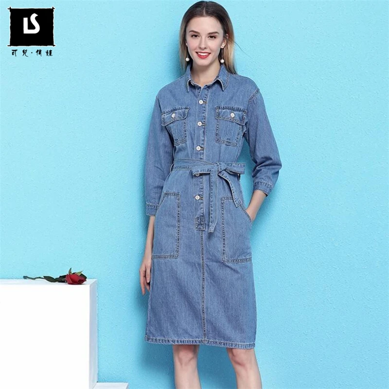 

Autumn Women Casual Vintage Seven-quarter Sleeve Denim Dress Ladies Turndown collar Elegant Wild Dress 2019 New Women Dresses