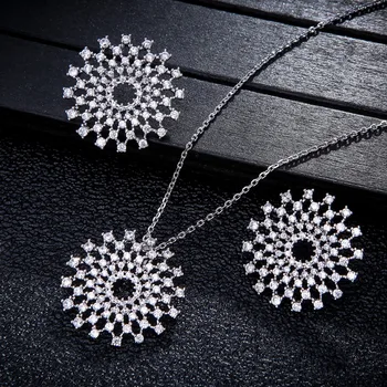 

Famous Popular Sun Flower Design Luxury Geometry Full Mirco Paved Cubic Zirconia Wedding Earring Fashion Jewelry Set D1170
