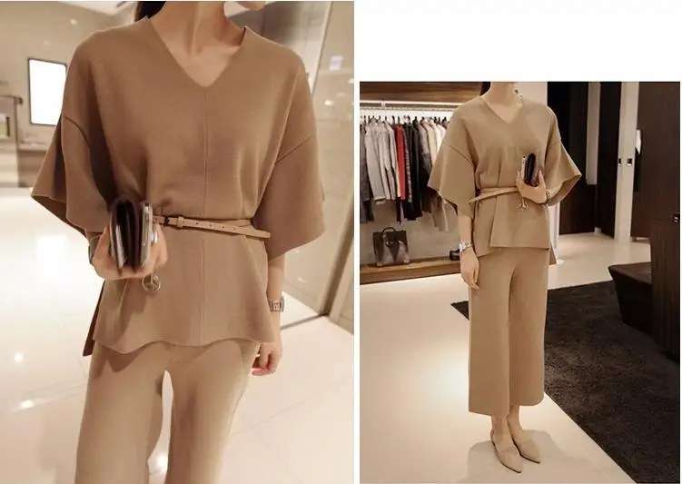 Women's suit female  spring and autumn new V-neck bat sleeve knit loose shirt + wool wide leg slim pants knit suit women plus size sweat suits