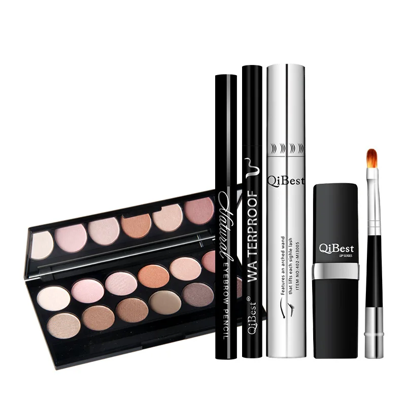 Mascara + Sombra + Delineador Lápis + Batom + Lip Cosméticos com Escova de Longa-duração para Mulheres Qibest Banda Pincel Maquiagem 6 Pcs