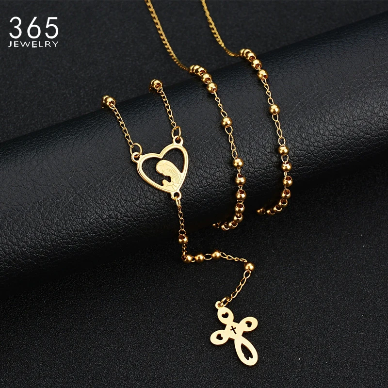 

High Quality Gold Color Bead Chain Maria Long Pendant Necklace Stainless Steel Cross Pendant Sweater Necklaces For Women