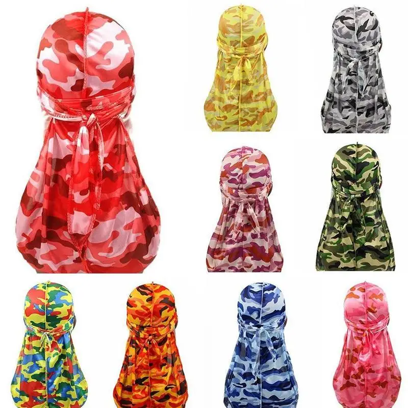 

Hot Unisex Bandana Turban Caps Camo Printed Hat Camouflage Long Tail Headwear Pirate Hats Chemo Cap Durag Head Accessories