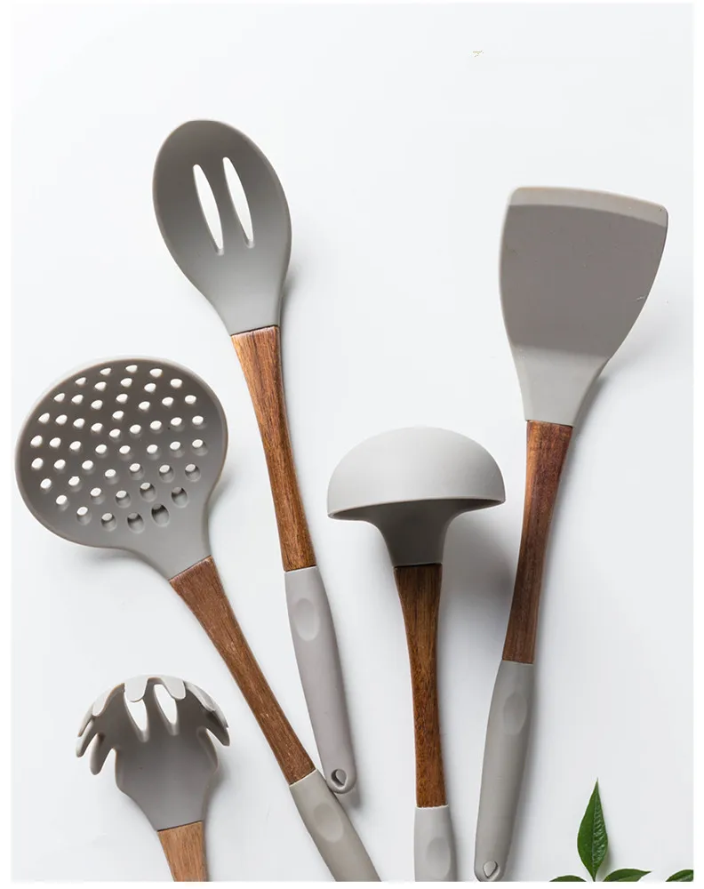 Термостойкие силиконовые кулинарные инструменты с деревянной ручкой антипригарные кустарники ложки лапши ложки Креативные кухонные наборы посуды