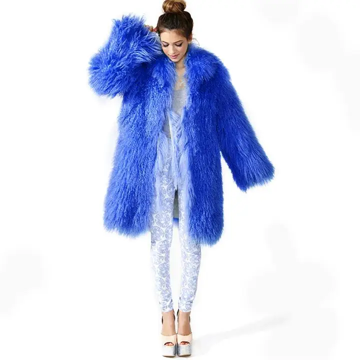 Теплое женское длинное пальто из овчины и натурального меха, пальто из овчины, Пляжное шерстяное пальто с отложным воротником - Цвет: Royal Blue