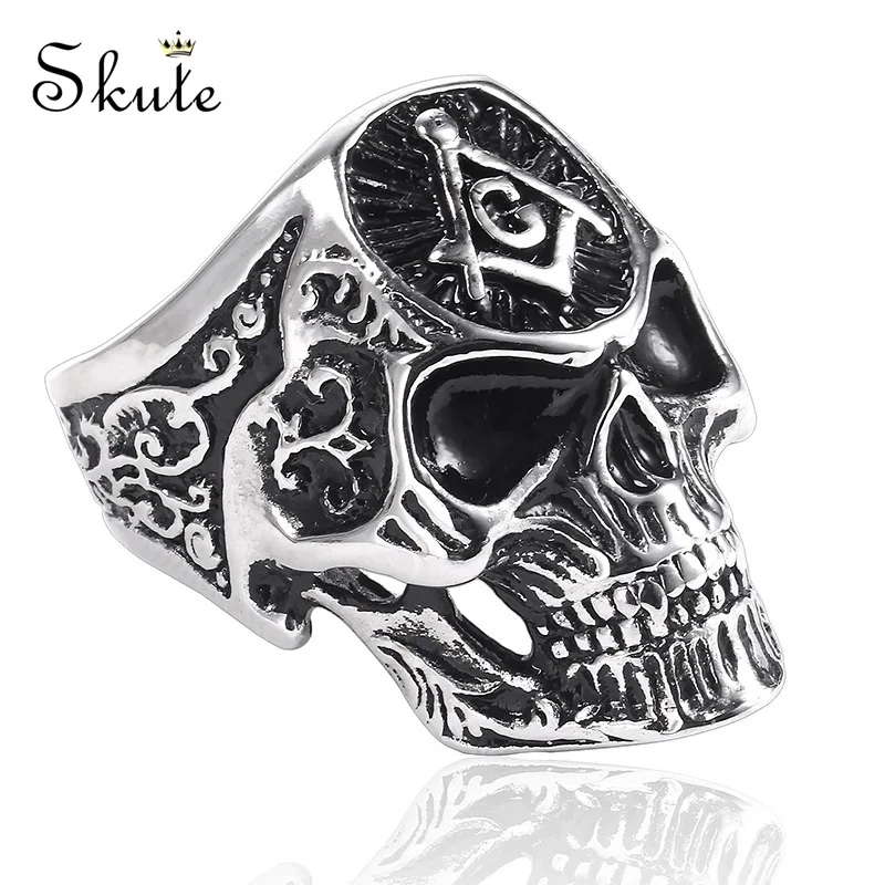 

Skute Titanium Stainless Steel Masonic Freemason Signet Skeleton Skull Ring Biker Punk Gothic Rings for Men Hip Hop Rock Jewelry