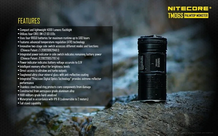 NITECORE TM06S светодиодный фонарик CREE XM-L2 U3 светодиодный макс. 4000 люмен расстояние луча 359 м+ 4*3500 мАч батареи+ новое зарядное устройство I4