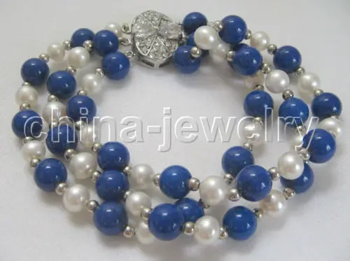 

Gorgeous 8" 3 row 8mm lapis lazuli and white freshwater pearl bracelet @^Noble style Natural Fine jewe SHIPPING 5.25