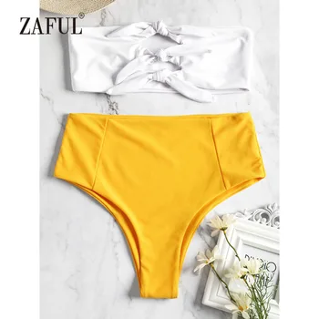 

ZAFUL Bikini 2018 Two Tone Knotted Swimwear Women High Waist Swimsuit Sexy Bandeau Strapless Bralette Yellow Biquni Bathing Suit