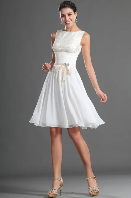 Custom Size Lace Top Knee Length White Chiffon Bridesmaid Dress In Custom Size Lace Top Knee Length White Chiffon Bridesmaid Dress