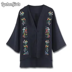 LycheeGirls Инди фолк для женщин блузка с цветочной вышивкой повседневное свободные Кнопка рубашка кардиган верхняя одежда кимоно