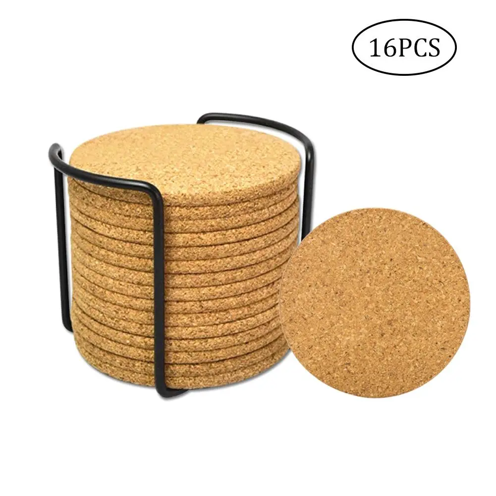 

Natural Cork Coasters With Round 16pc Set with Metal Holder Storage Caddy 1/5inch Thick Absorbent Eco-Friendly Heat-Resis