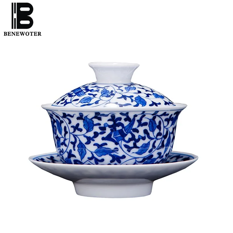 

140ml Jingdezhen Ceramic Gaiwa Hand Painted Eight Treasures Tureen Blue and White Porcelain Tea Cup Kung Fu Tea Set Tea Bowls