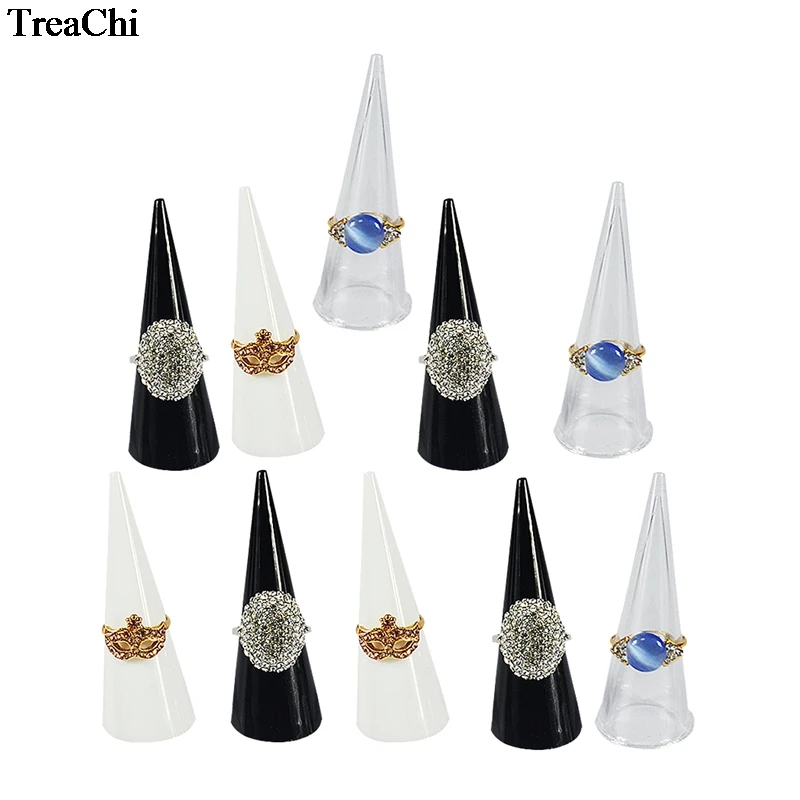 Wholesale 10Pcs/Lot Fashion Acrylic Finger Ring Holder Clear White Black Mini Cone Ring Organizer Display Holder Shelf Stand