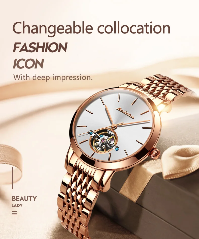 JSDUN женские часы, женские механические часы с каркасом турбийоном, наручные часы, модные повседневные автоматические женские часы из нержавеющей стали