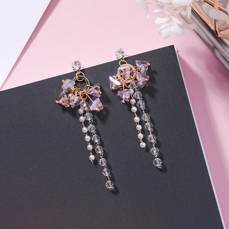 

MENGJIQIAO 2018 Korean New Triangle Crystal Beads Long Tassel Earrings For Women Elegant Simulated Pearl Drop Pendientes Brincos