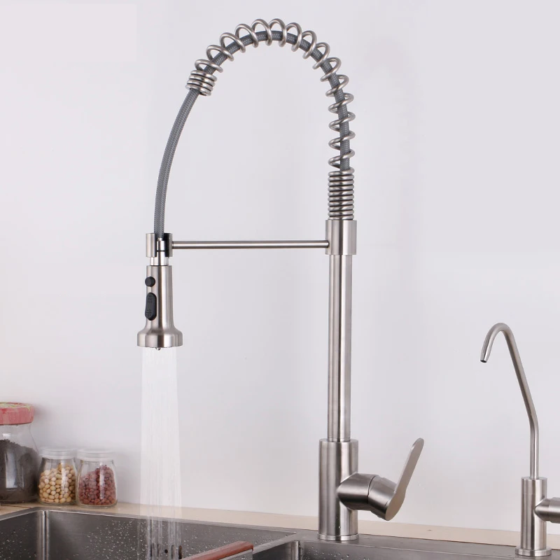 

Put down spring kitchen faucet sink mixer 304 stainless steel material brushed surface hot and cold water