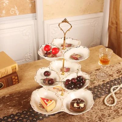 Европейская керамическая золотая инкрустированная двойная Фруктовая тарелка для закуски, тарелка для торта, тарелка для конфет, керамическая посуда, декоративный десертный поднос - Цвет: 9