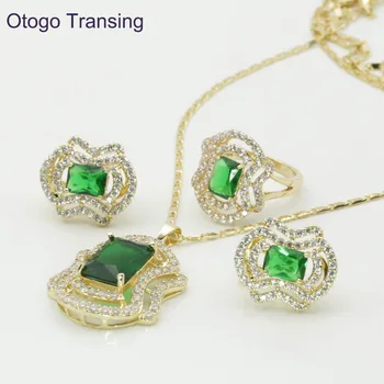 

Otogo Transing Gold Color Romantic Geometric Shaped Fashion Jewelry Sets Green crystal AAA Zircon For Necklace/Earring/Ring S187