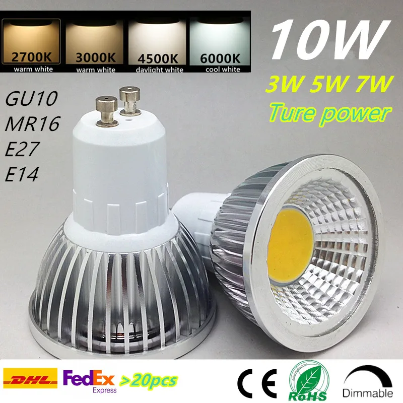 GU10 E27 Cob приглушаемая светодиодная лампочка E14 Mr16 прожектор 3 Вт 5 7 10 теплый белый