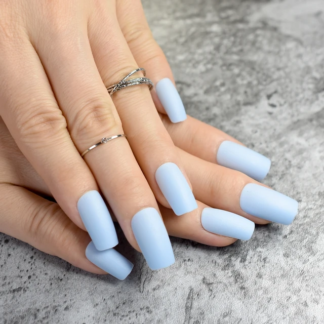 Fashion Matte Fake Nails Flat Top False Light Blue Acrylic Fashion Matte Fake Nails Flat Top False Light Blue Acrylic Tips Full Cover Manicure