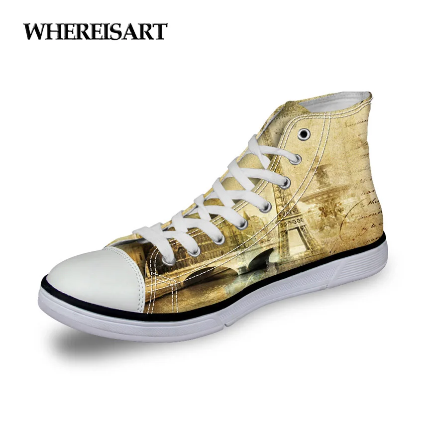 

WHEREISART Plus Size Women's High Top Canvas Vulcanize Shoes Spring Autumn Flat Shoes Eiffel Tower Printed Low Lace Up Shoes